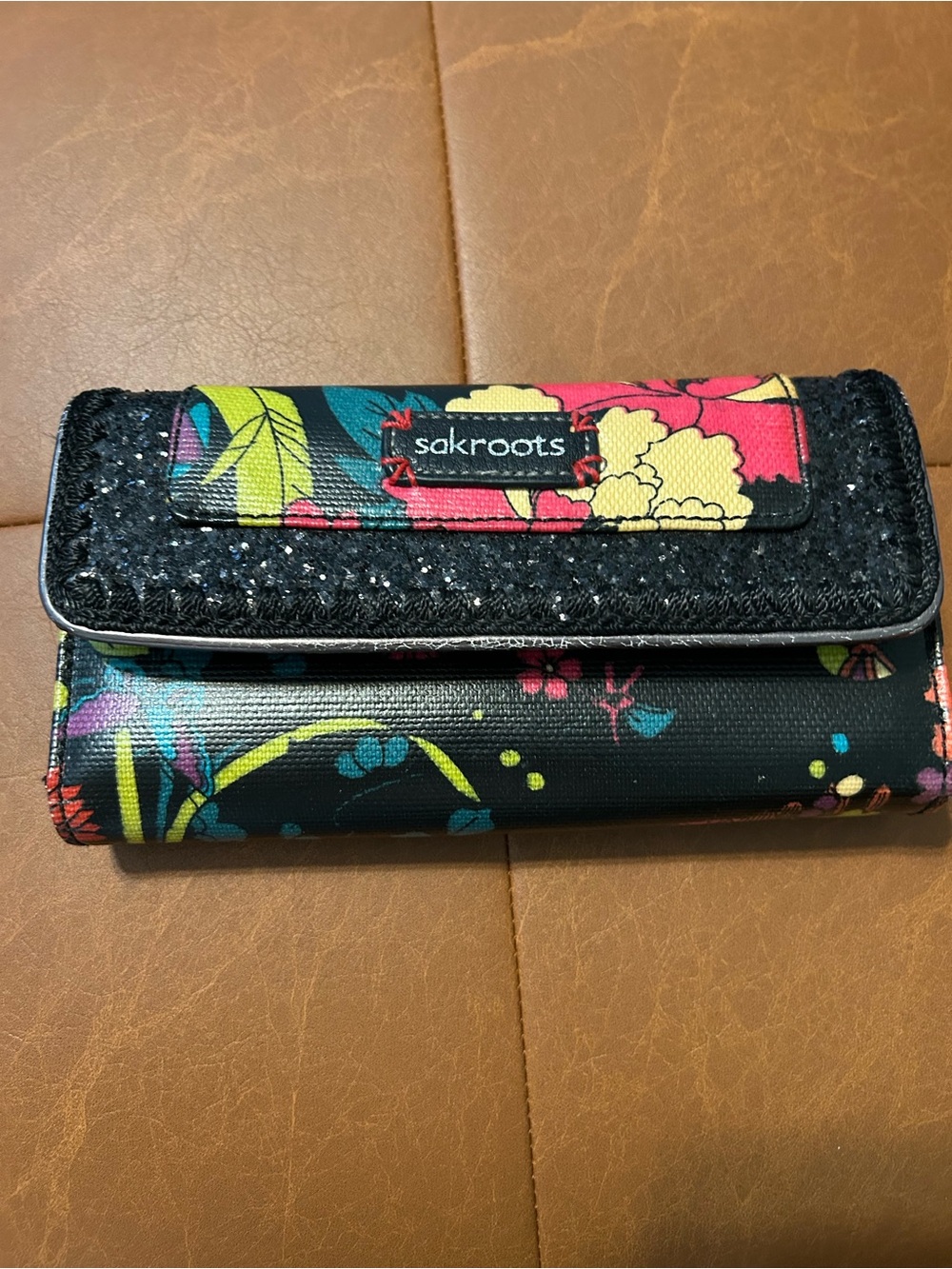 Sakroots Kids Black Multi Floral Wallet with Neon Accents